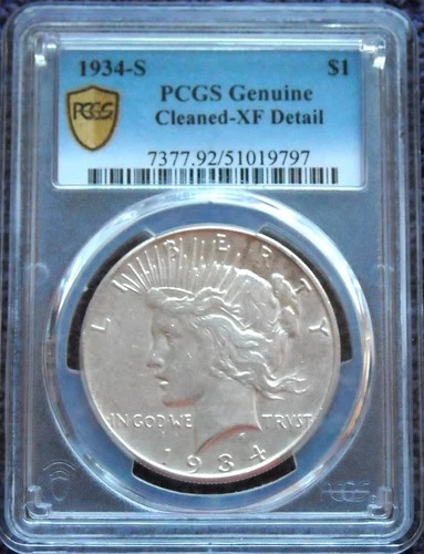 1934 S SILVER PEACE DOLLAR PCGS GOLD LABEL XF DETAILS
