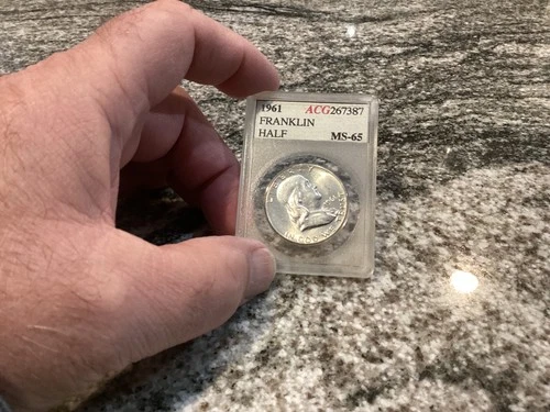 1961 50c ACCUGRADE Franklin Silver Half Dollar ACG Vintage Old Holder - BU Gem