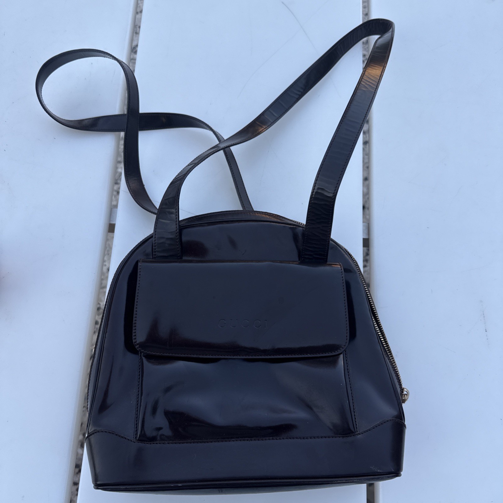 Gucci Brown Leather Patent Bamboo Shoulder Bag 1990s