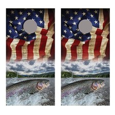Aged American Flag Jumping Trout Fish Cornhole Board Decal Wraps