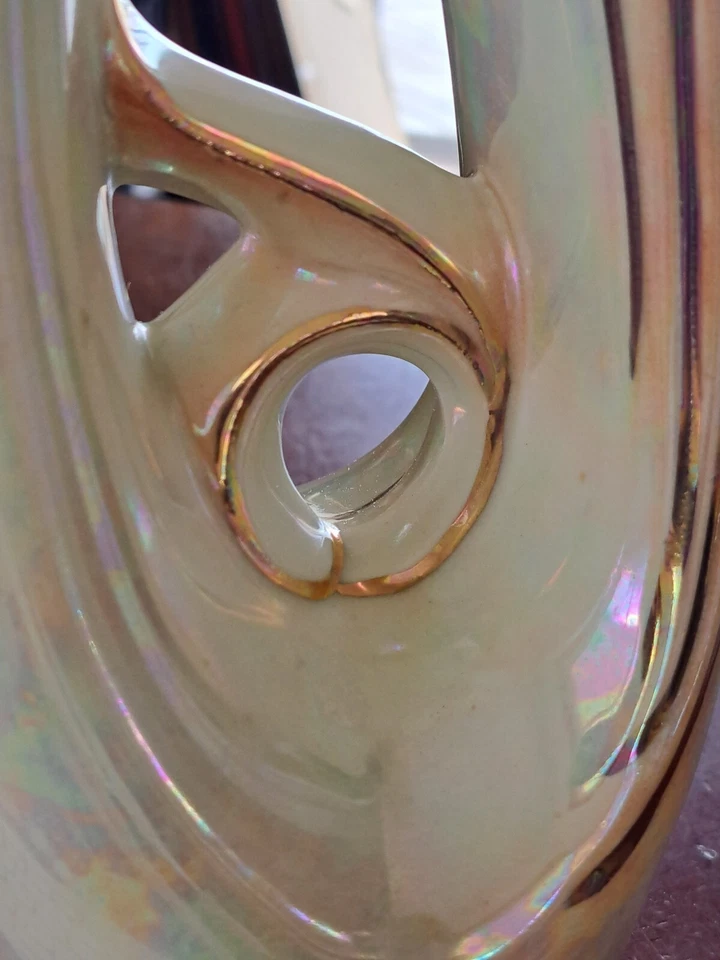 Lámpara de mesa Aladdin años 40 cerámica porcelana motivo foliado retro iridiscente Foto 4 de 4