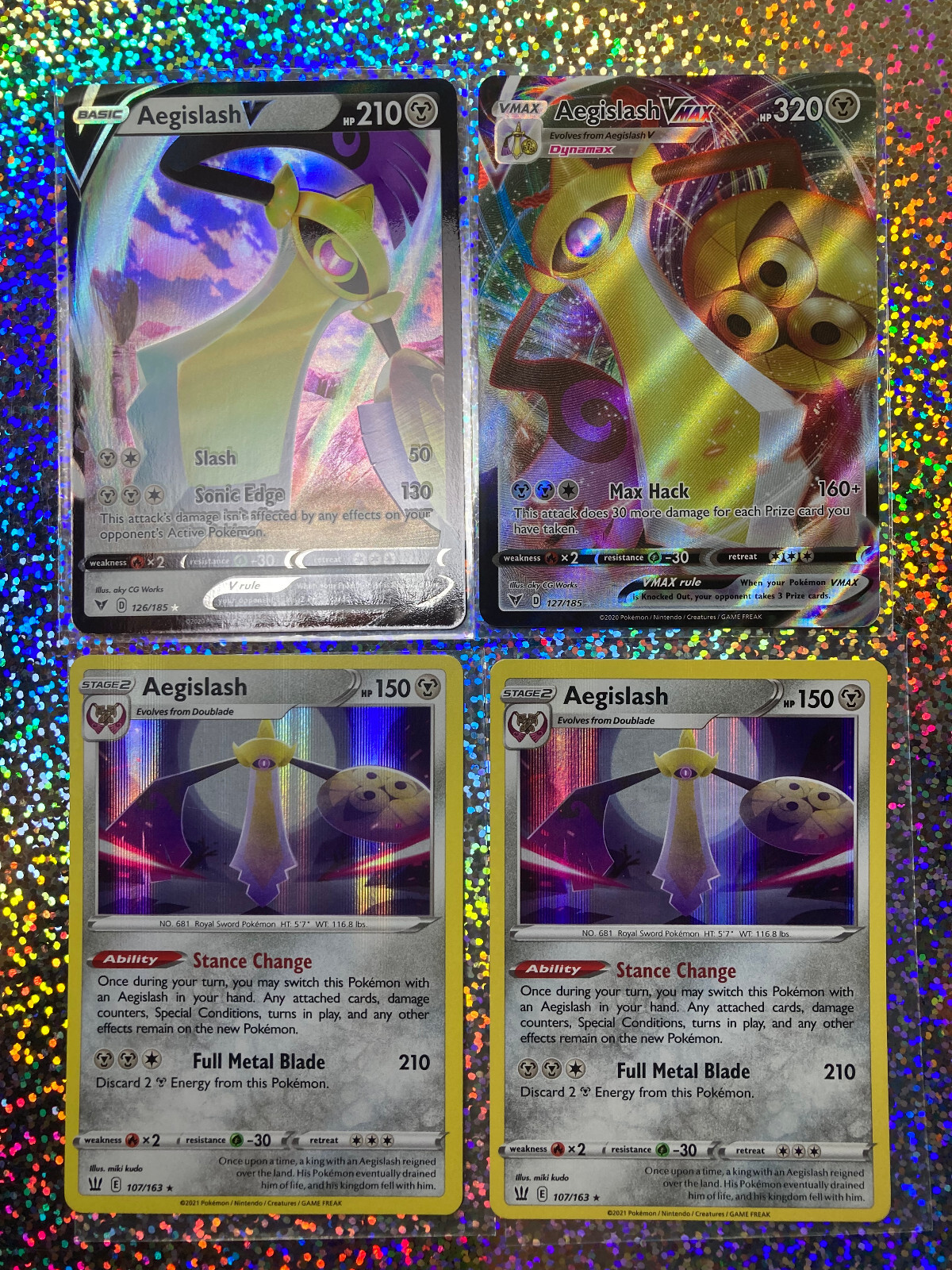 Pokemon TCG Aegislash: Full Art 127/185 VMAX; 126/185 V; Holo 107/163 (x2)