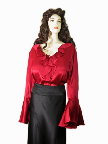 ICE~XTREME BOHO~SHINY LIQUID SATIN SILK BLOUSE Size 3X~HUGE FLOUNCED BELL SLEEVE - Picture 14 of 14