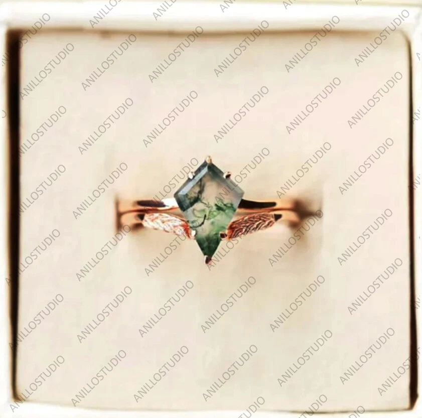  Воздушный змей 12x7 мм мох агат с короной комплект обручальное кольцо в 925 пробы - Изображение 2 из 4