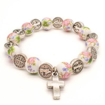 Cute Flower Ceramic Beads Cross Pendant Saint St Benedict Medal Stretch Bracelet
