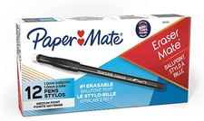 Paper Mate Erasermate Erasable Pen, Medium Point, Black, Box of 12