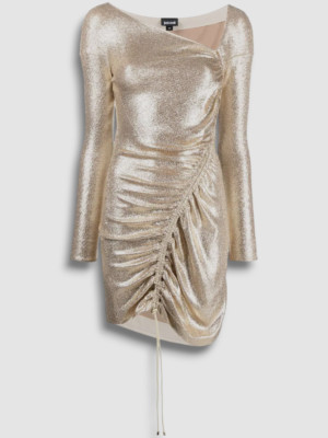 $690 Just Cavalli Women Gold Metallic Asymmetric Ruched Mini Dress Size 46
