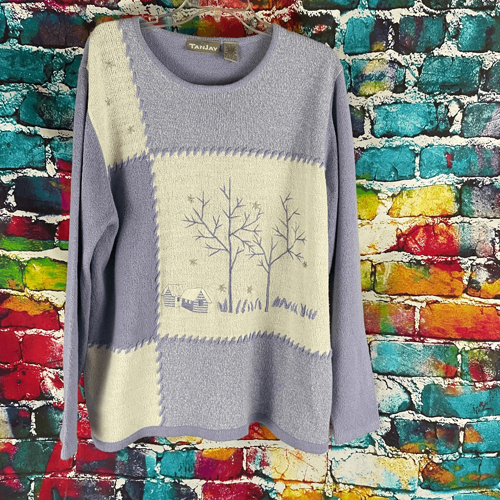 TanJay Winter Scene Embroidered Patchwork Pullove… - image 1