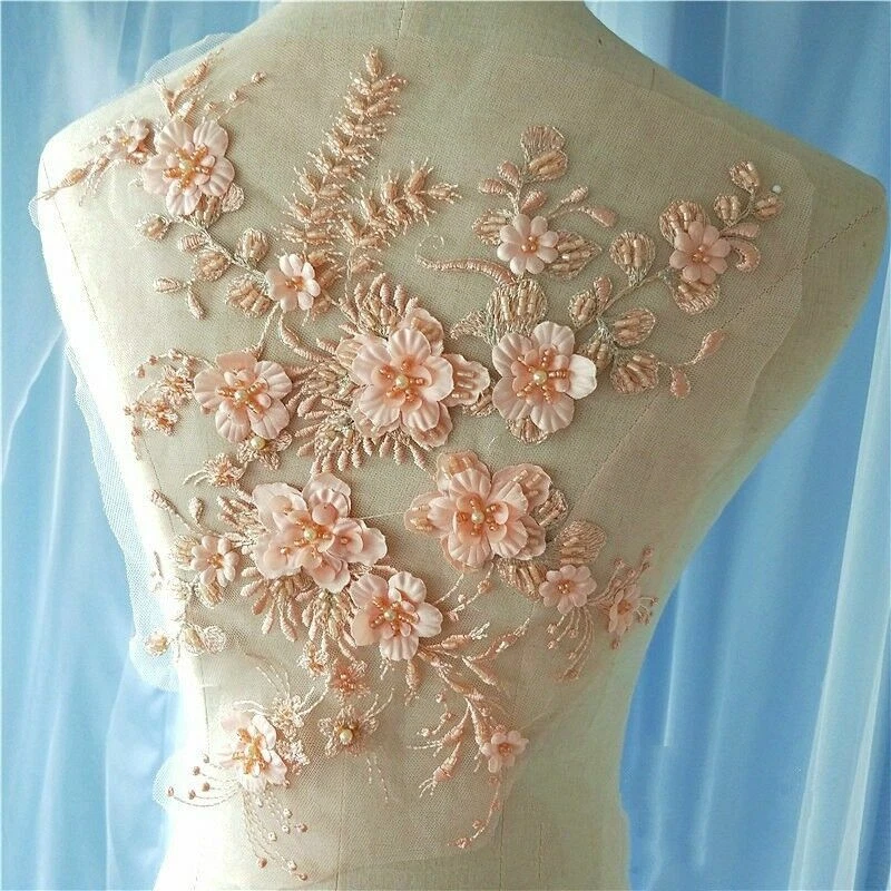 3D Floral Beaded Embroidery Lace Applique Patch Wedding Dress Cloth Decor Craft - Image 2 of 4