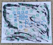 Original 14 by 17 inch Mixed Media Painting Squared Cells on Partial Black Patch