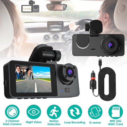 3 Channel 1080P Dash Cam Front Rear Inside Vehicle Driving Recorder Car DVR 32G - Picture 2 of 12