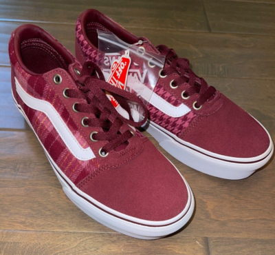 Vans Womens Burgundy Red Plaid Houndstooth Suede Shoes NWT