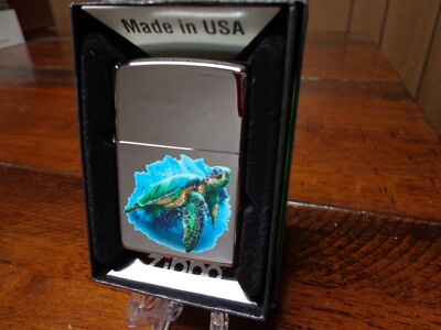 GREEN SEA TURTLE HIGH POLISH CHROME ZIPPO LIGHTER MINT IN BOX