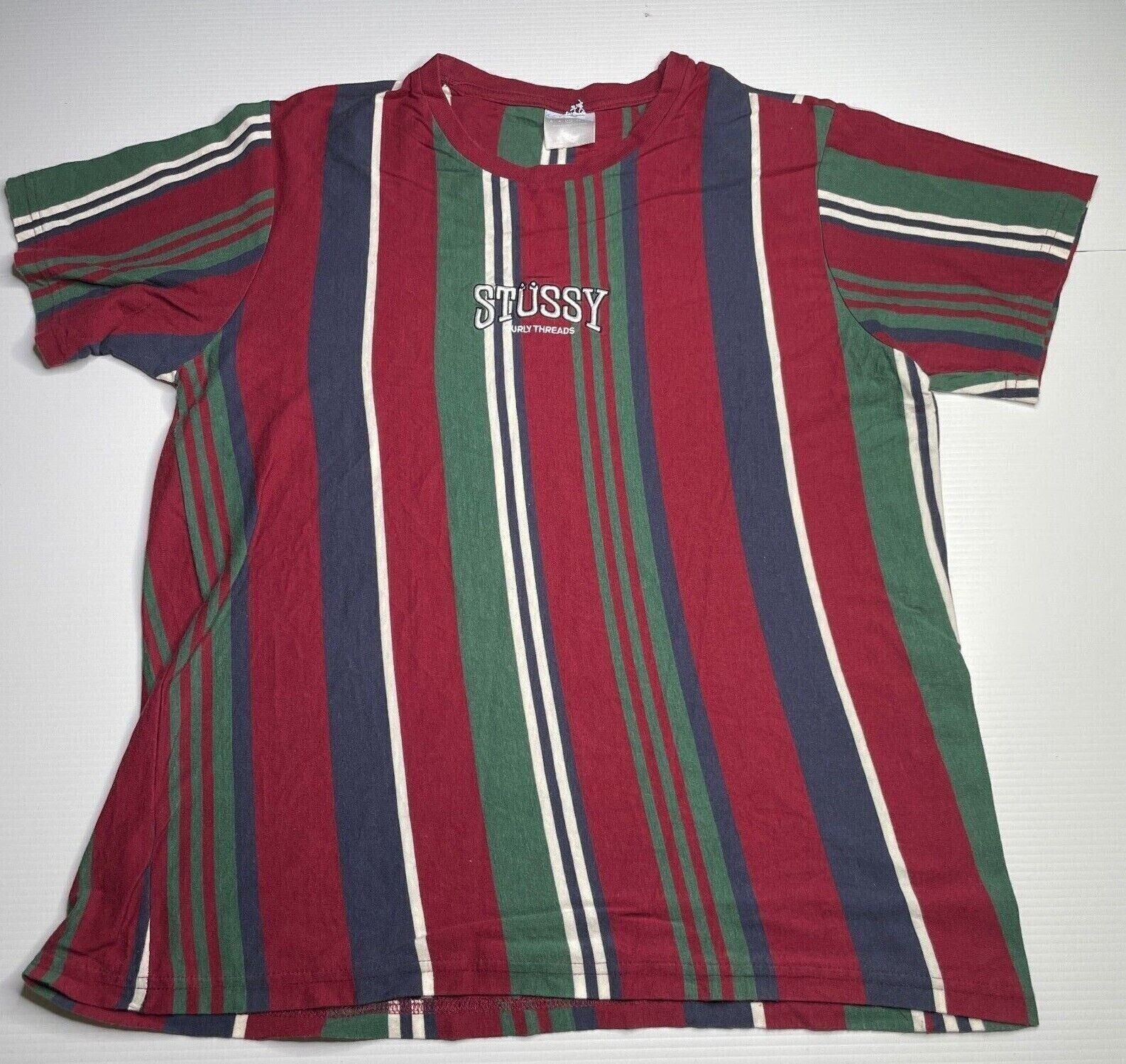 Stussy Striped Logo T-Shirt Womens Size 10 Burgundy Green Blue Casual Fit