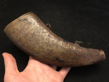 Engraved Cow Horn Powder Flask Antique Folk Art French