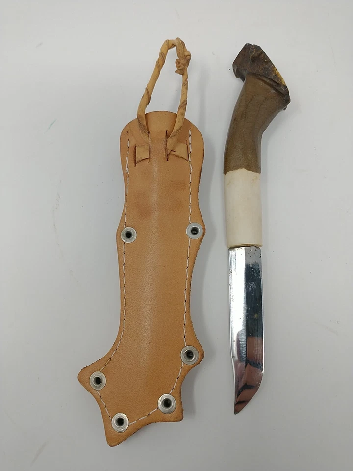 Vintage Finnish Puukko Nordic Reindeer Antler Handle Sami Knife & Fur Sheath - Image 3 of 4
