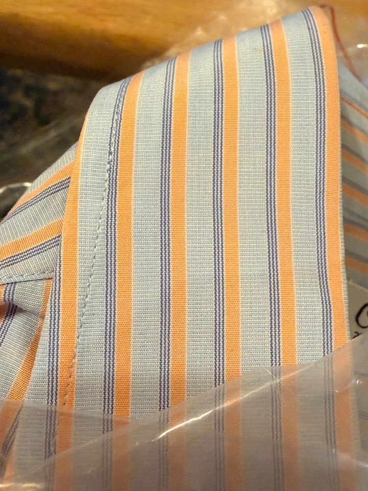 Camisa de vestir Charvet Paris para hombre grande 43/17 blanco melocotón y rayas azules Foto 2 de 4