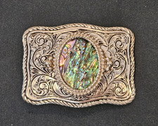 Abalone Shell Belt Buckle Silvertone  Black Inlay