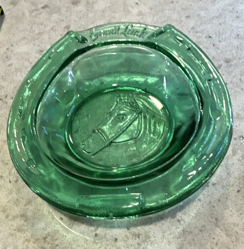 Green  Glass Horseshoe shaped Ashtray, Good Luck Horse Head vintage 