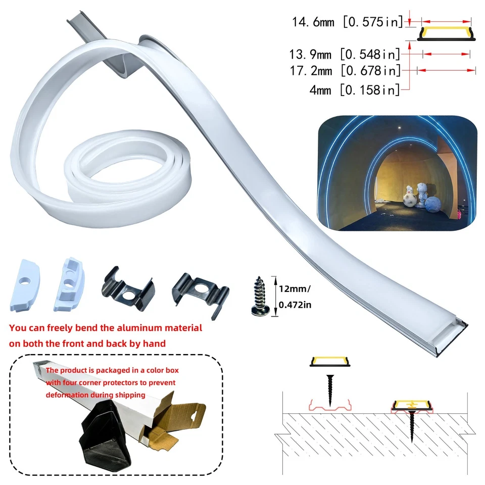 Curved LED Aluminum Channel 17x4 Clip Mount Under Cabinet for 5 8 12mm 2835 COB - image 2 of 4