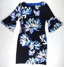 Vince Camuto Blue Black Purple Turquoise Floral Dress 3/4 Bell Sleeve sz 2 NWOT