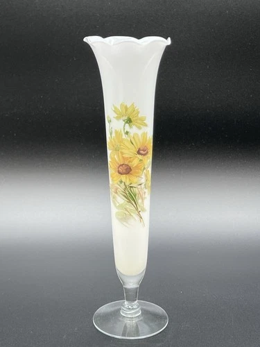 White Milk Glass Slender Frosted Ruffled Edge Vase Yellow Brown Eyed Susan VTG