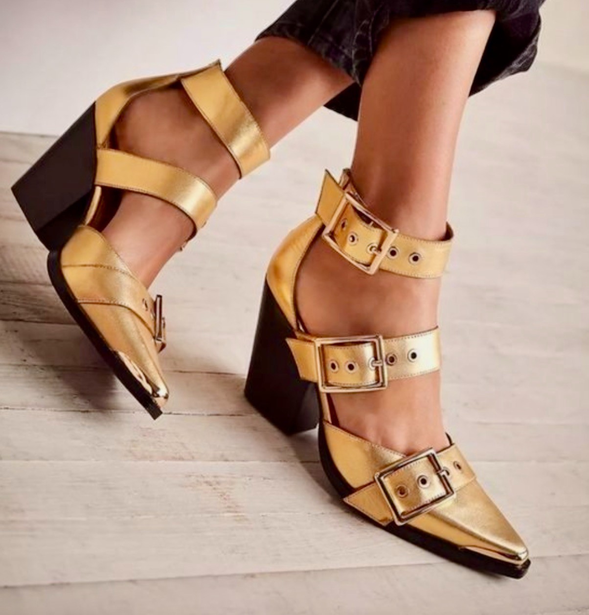 Free People Jeffrey Campbell Hendrix Heels Gold Metallic Leather 7 NEW