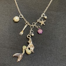 DISNEY Mermaid Charm Necklace Silvertone Long Adjustable