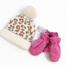  Winter Sale Toddler Girl Ivory/Pink Beanie / Pink Water Resistant Mittens   