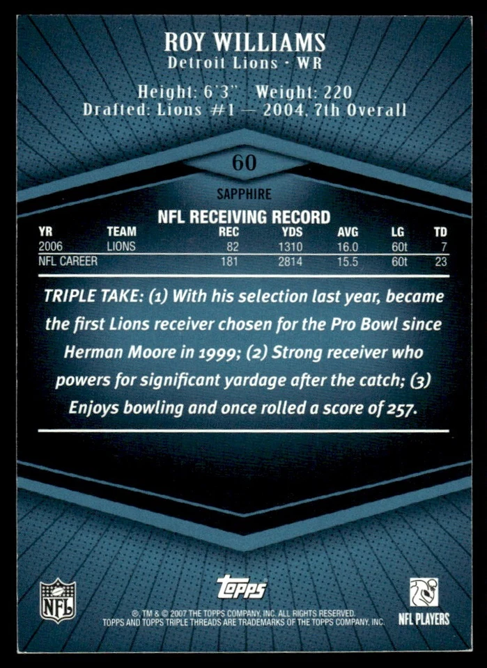 2007 Topps Triple Threads Sapphire Roy Williams 02/25 Detroit Lions #60 - Image 2 of 2