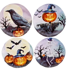 Halloween Appetizer Plates Melamine Raven Skeleton Pumpkin Bats 6.5" Set of 4