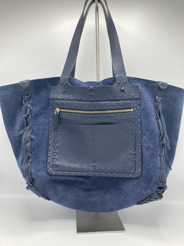 VALENTINO GARAVANI Navy Blue Pebbled Leather Large Unlined Tassel Shopper - Picture 22 of 24