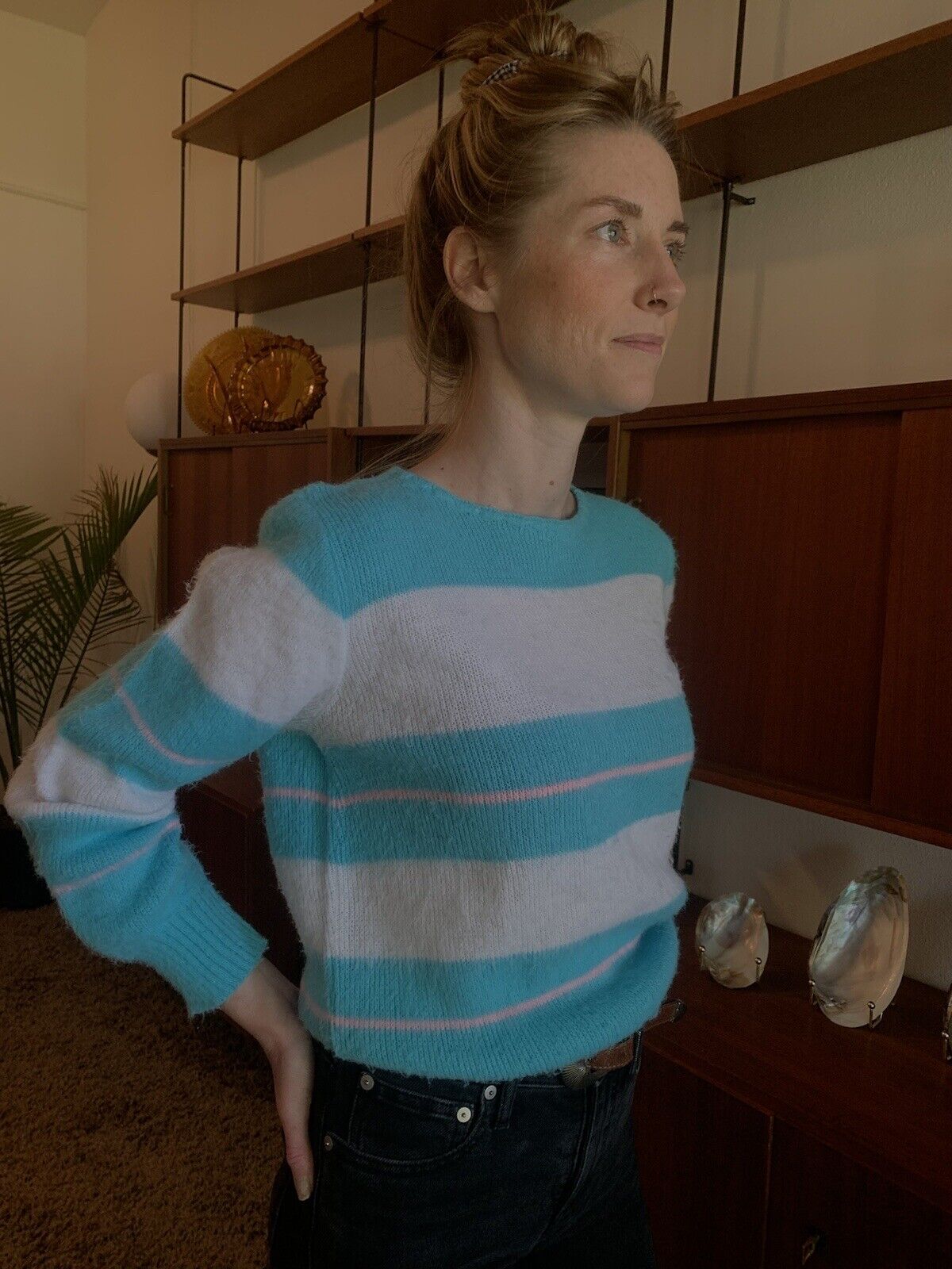 womens vintage aqua and white striped sweater siz… - image 1