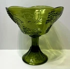 Vintage Indiana Glass Avocado Green Harvest Grapes Footed Compote Fruit Bowl