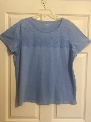 TALBOT s PLUS Blue w/Floral Embroidery SS 100% Cotton Knit Top  Size 1X