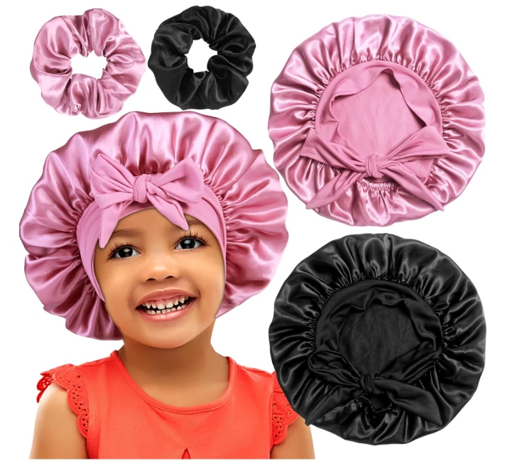 Cute Hair Bonnets for Girls 2+2 Satin Bonnets with Scrunchies for Kids FREE SHIP - Image 2 of 4