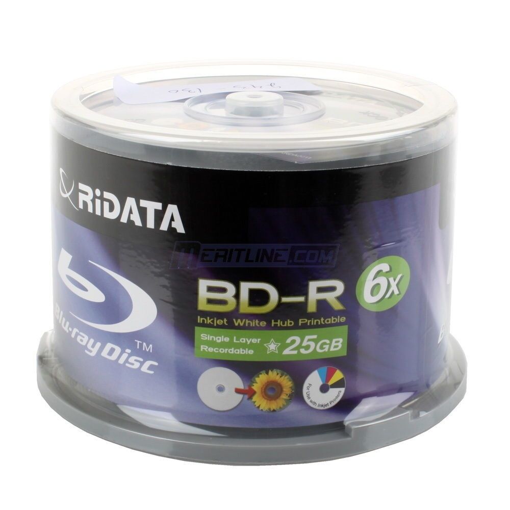 50 Ritek Ridata 6X 25GB BD-R White Inkjet HUB Printable Blu-ray Blank Disc