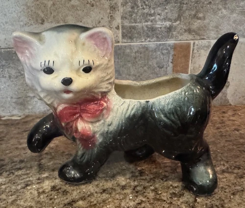 Vintage SHAWNEE POTTERY Prancing CAT PLANTER Black & White with Burgundy Bow