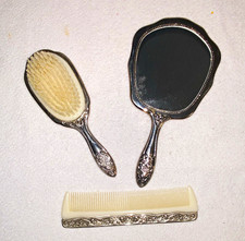 Vintage Ornate Floral Silver Plated Vanity Set Mirror Brush Comb