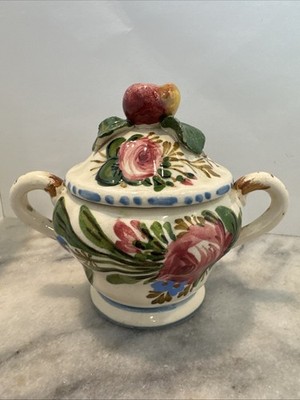 Vintage Italian Renaissance Revival Faïence Nove Rose Floral Sugar Bowl