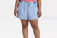 Women High-Rise Tie-Waist Jean Shorts - Ava  Viv Light Wash 26 NWT