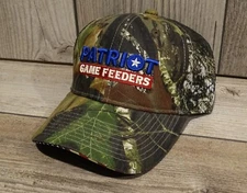 PATRIOT Game Feeders Mossy Oak Camo Hunting Hat Cap Durham, NC. USA Logo