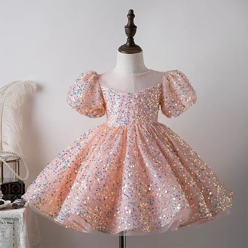 Evening Kids Formal Party Dresses Girls Purple Sequins Short Gown Luxury Pageant - Picture 9 of 30