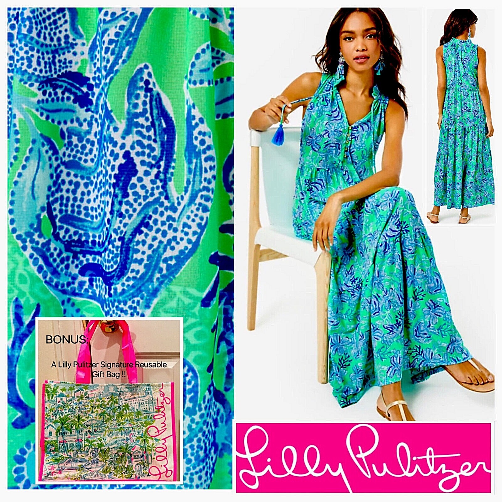 NWT Lilly Pulitzer Malone Maxi Dress XL Cabana Green Keepin It Reel +LP  GIFT BAG | eBay