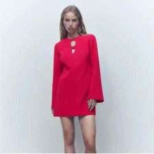 Zara Cut Out Mini Shift Dress in Neon Fuchsia Long Sleeves Size Small NWT!