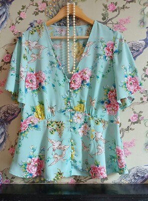 Vintage style mint green & pink floral & bird occasion top size 18 