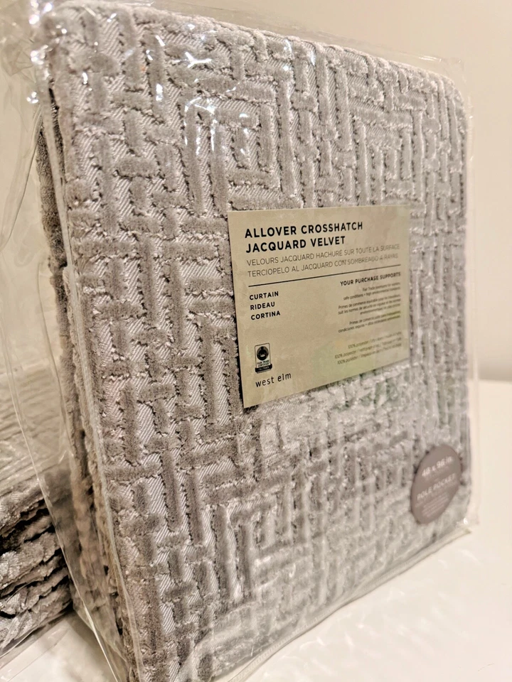2 West Elm Crosshatch Drapes VELVET Jacquard Gray Curtains Panels 48x96 PAIR New - Image 2 of 3
