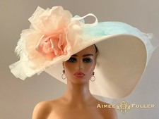 Kentucky Derby Hat White Cream Salmon Pink Rose Baby Blue Wide Brim Hat Del Mar