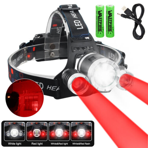 Stirnlampe Weiß & Rot LED Scheinwerfer Kopflampe Rotlicht Wasserdicht Jagd Akku - Bild 1 von 21