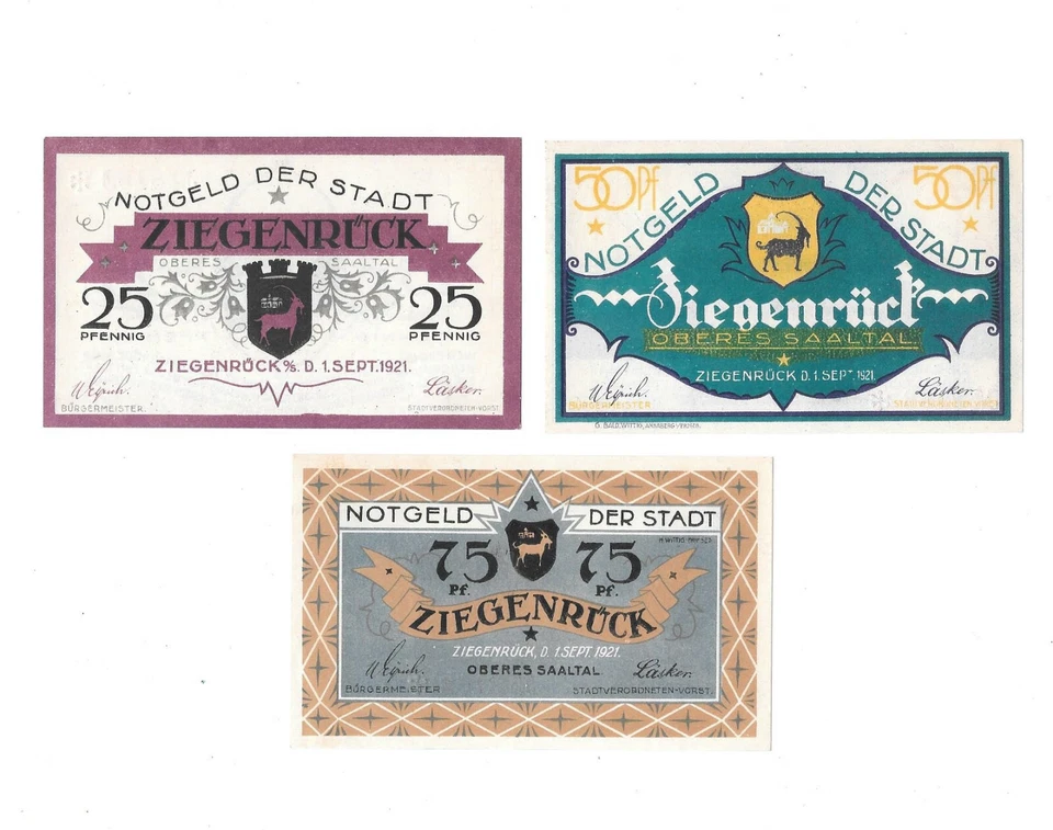GERMANY ZIEGENRÜCK 25-50-75 PFENNIG 1921 UNC Red Serial, Emergency Issue. 3C6.3 - Image 2 of 2